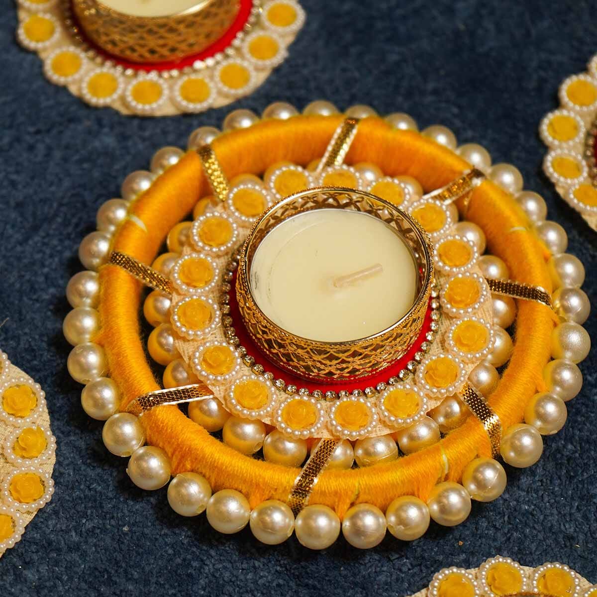 Festive Yellow Red Decorative Diya Set of 5