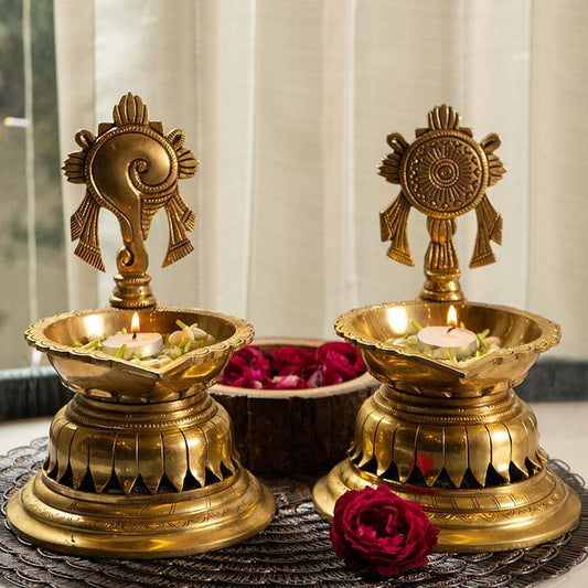 Brass Shankh Chakra Diya (Set of 2)