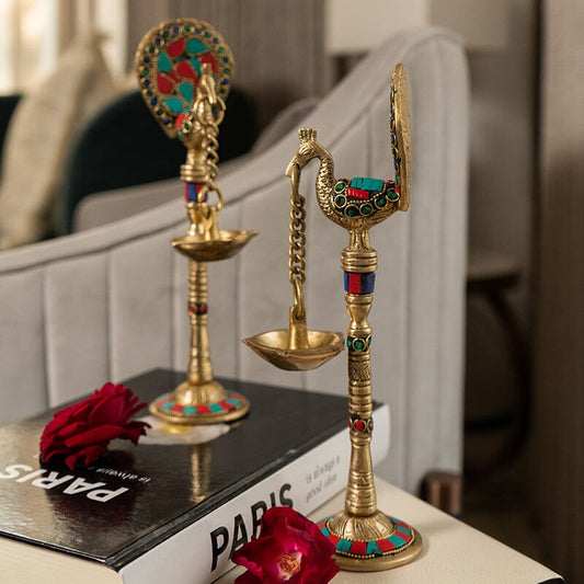 Brass Peacock Colourful Hanging Diya Stand Set of 2