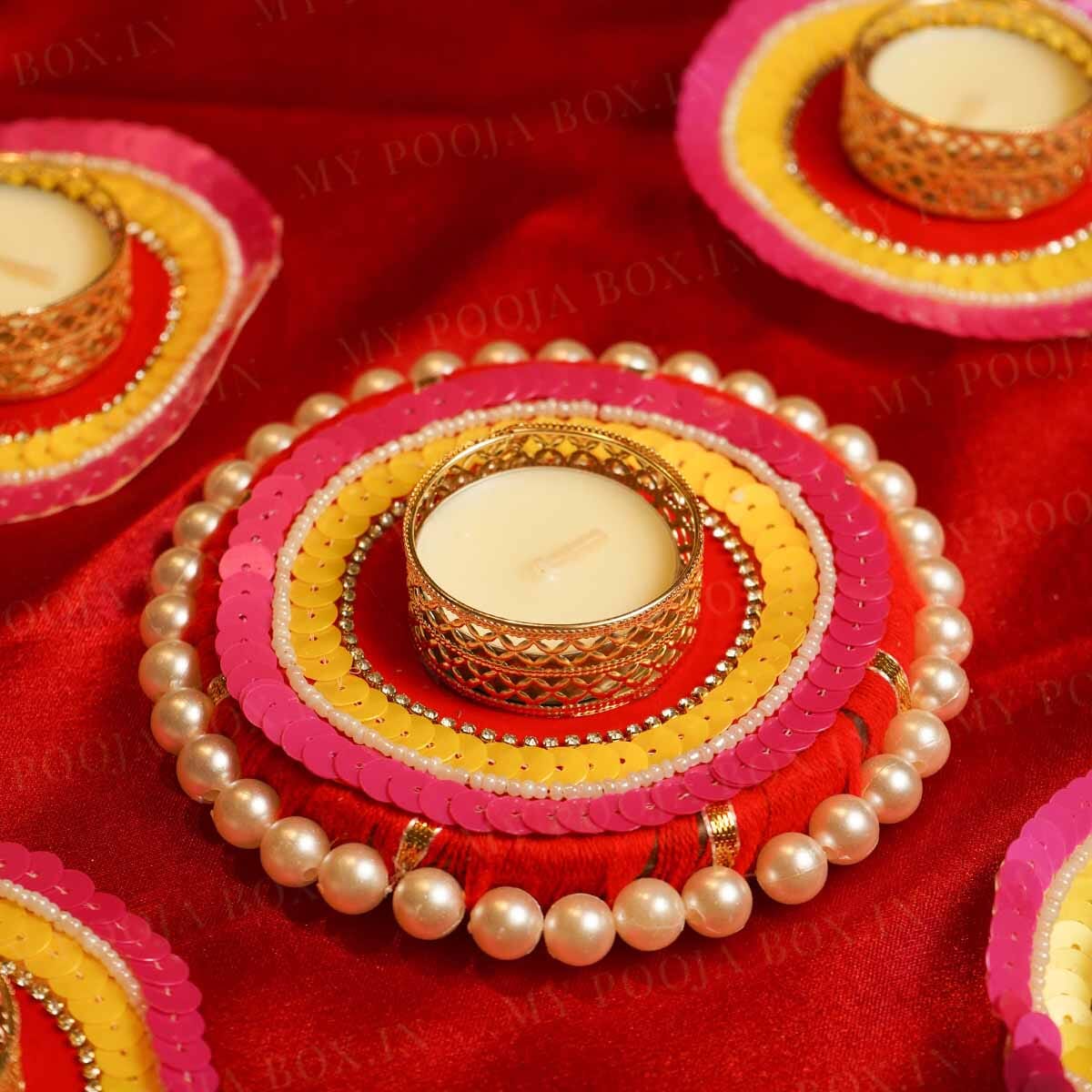 Festive Red Pink Yellow Diya Rangoli Set of 5