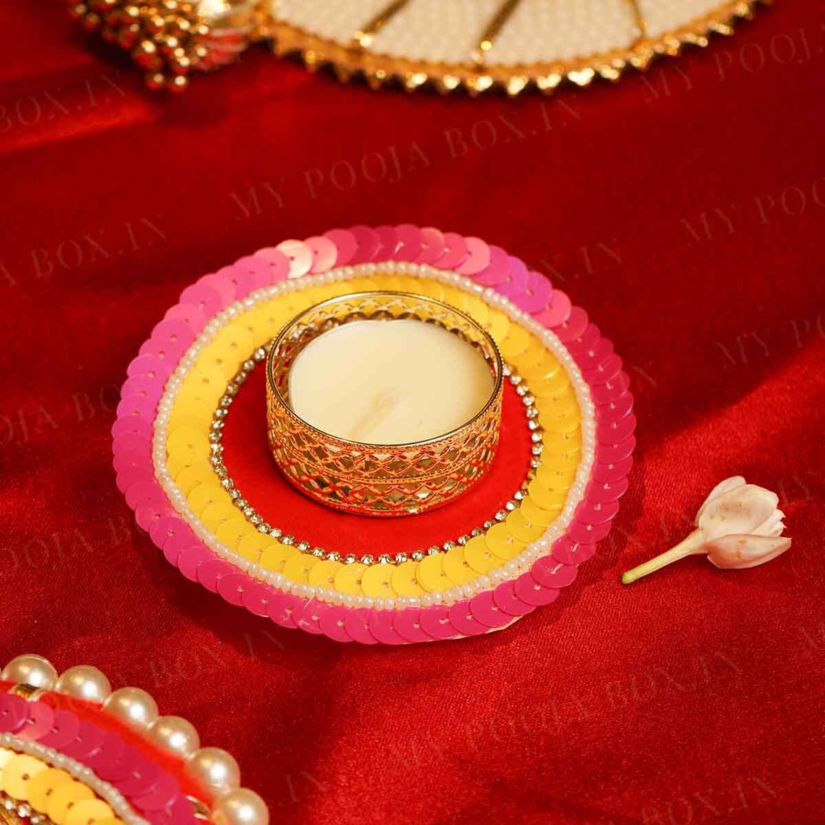 Festive Red Pink Yellow Diya Rangoli Set of 5