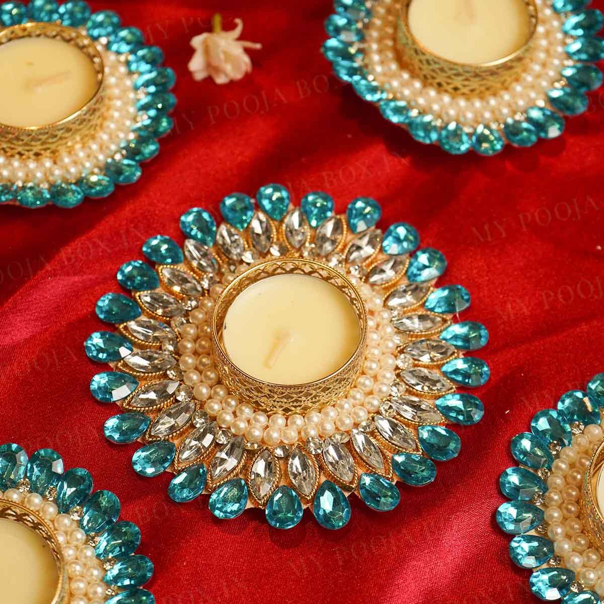 Festive Blue Beaded Decorative Diya Set of 5