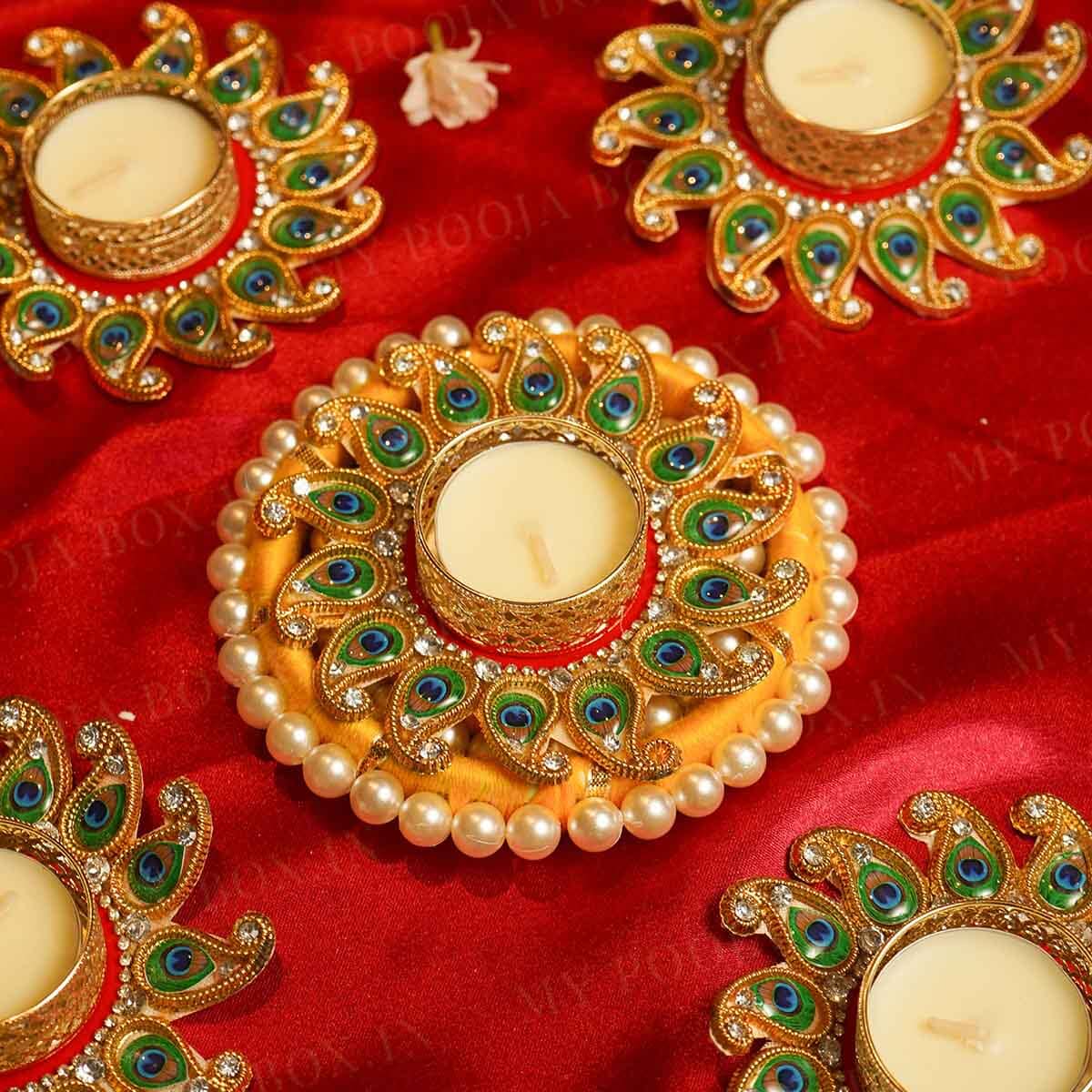 Festive Peacock Decorative Diya Rangoli Set of 5