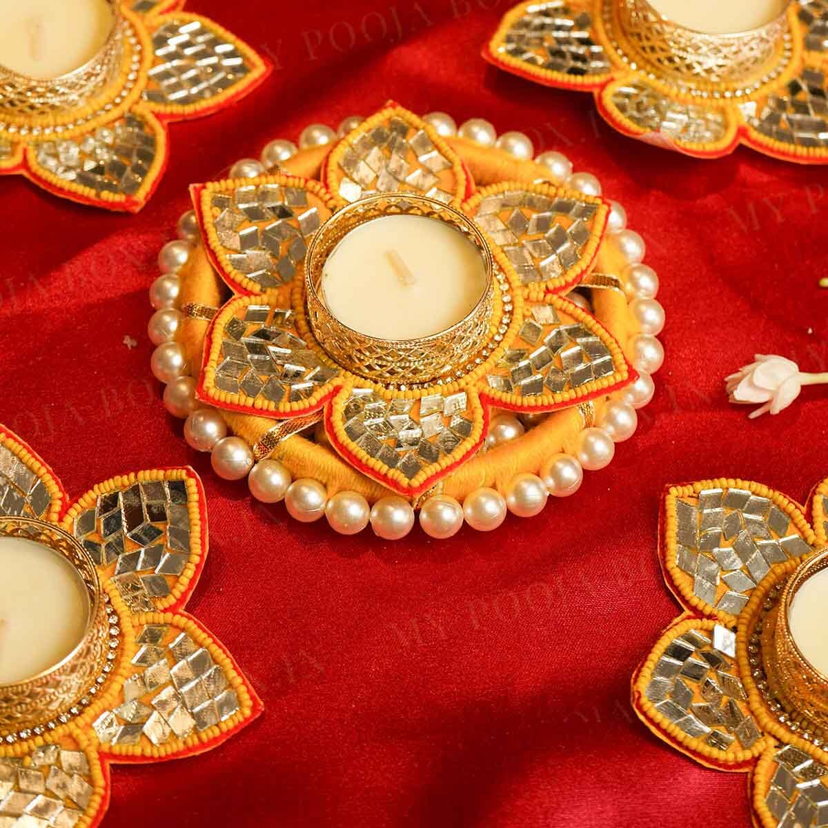 Festive Orange Mirrored Diya Rangoli Set of 5