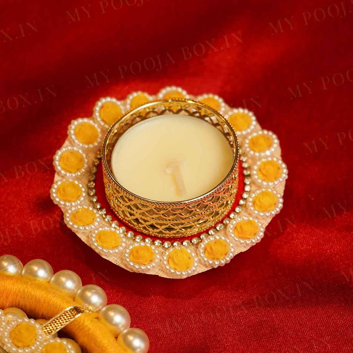 Festive Yellow Red Decorative Diya Set of 5