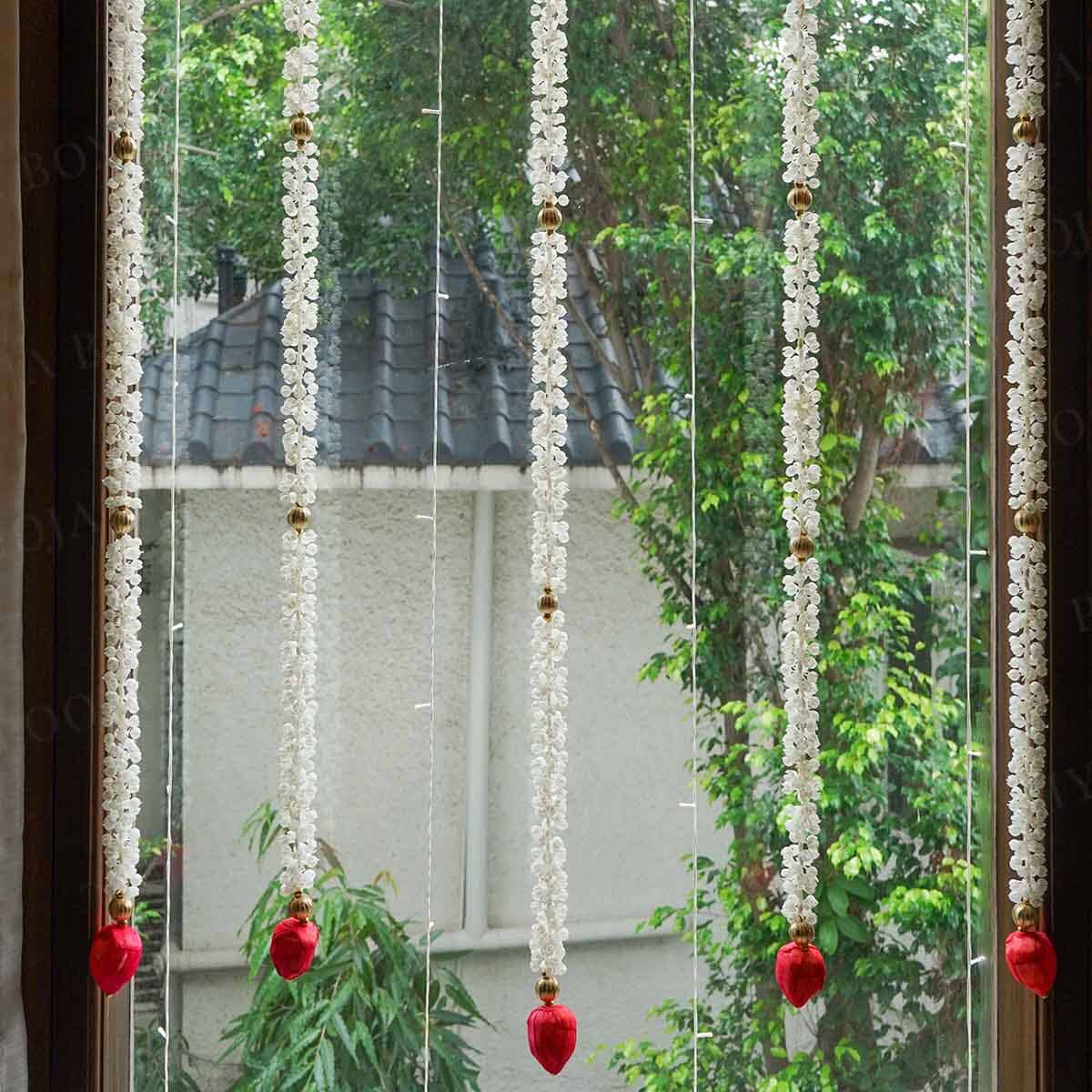 Artificial Jasmine Flower And Red Lotus Buds Decorative Backdrop Set Of 5