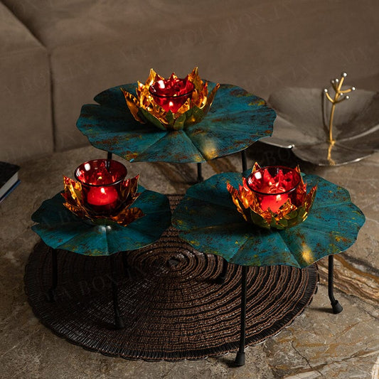 Teal Petal Lotus Diya Stand (Set of 3)