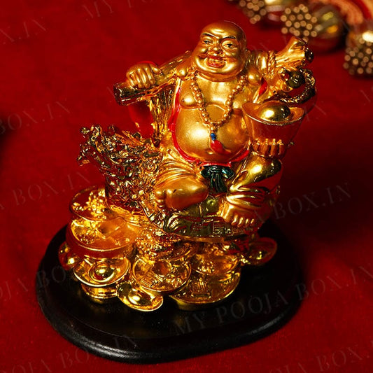 Laughing Buddha with Dragon Tortoise on Bed of Wealth