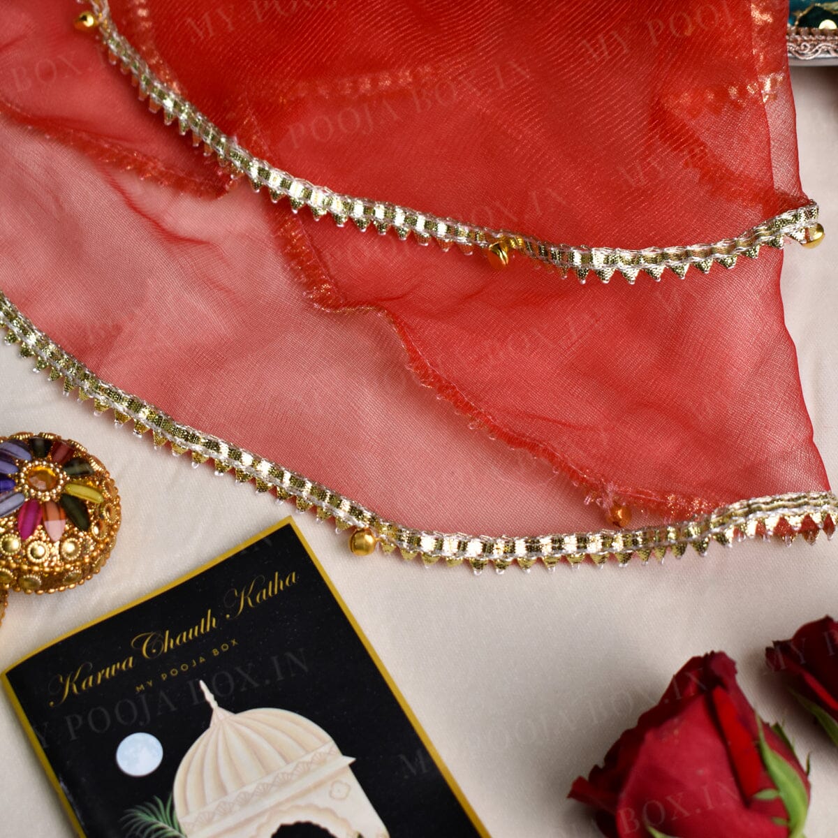 Red Gota patti Thali Cover