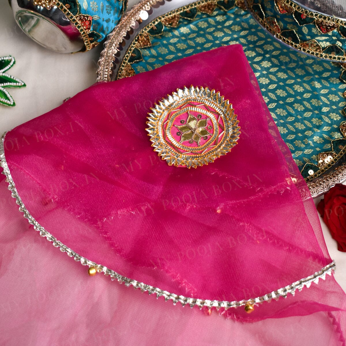 Royal Pink Gota Patti Thali Cover