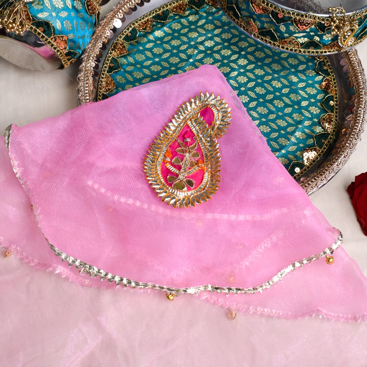 Pastel Pink Gota Patti Thali Cover