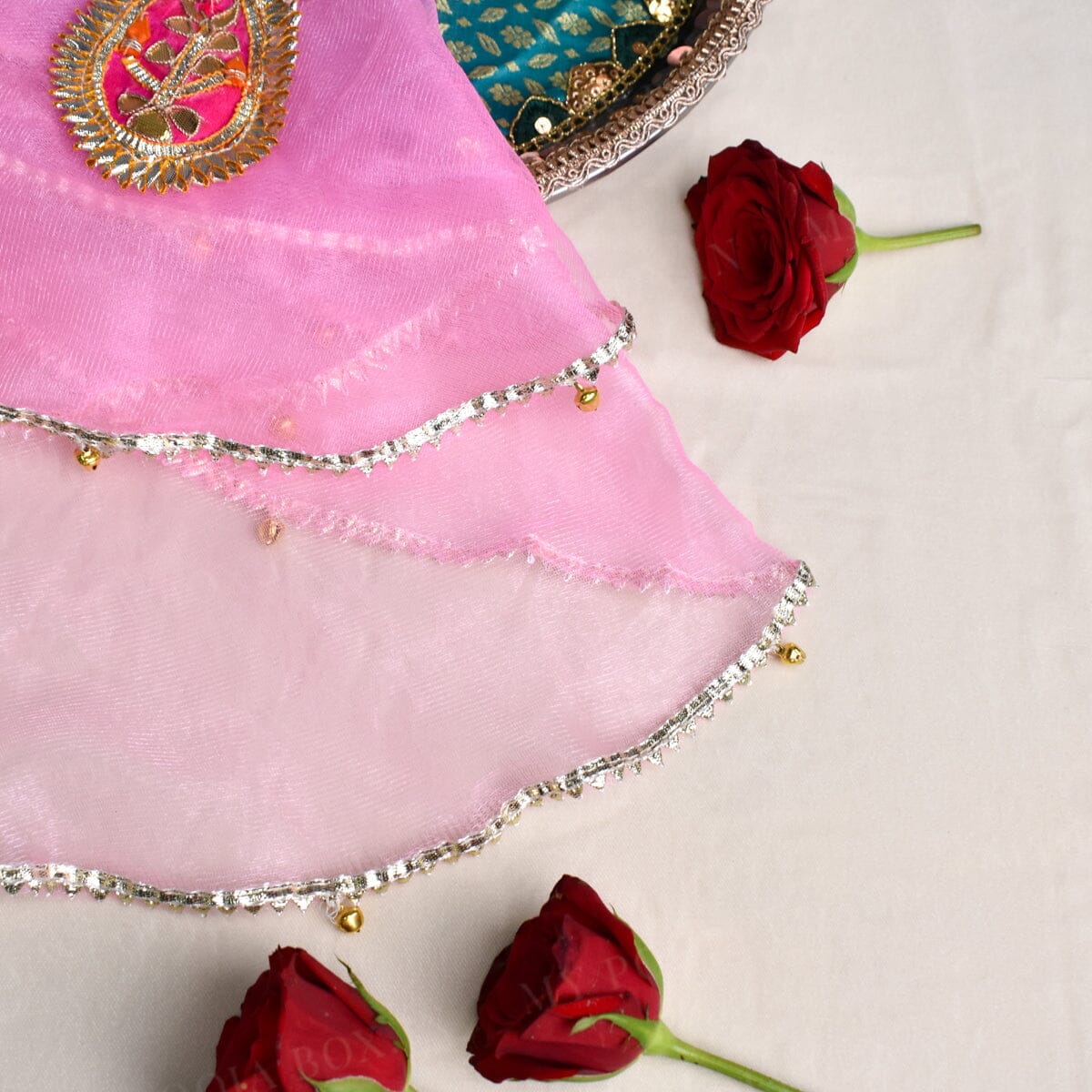 Pastel Pink Gota Patti Thali Cover