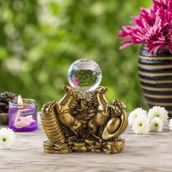 Feng Shui Three Golden Horses with Crystal Ball on Coins Bed for Abundance