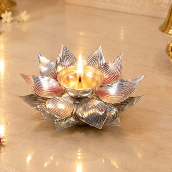 Premium Silver Finish Lotus Diya With Purple Base