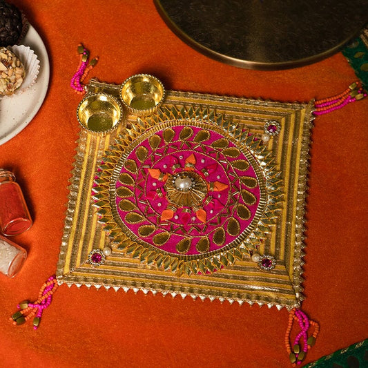 Floral Gota Patti Golden Pooja Thali 6