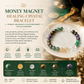 Money Magnet Healing Crystal Bracelet with stones on a white plate, surrounded by coins and crystals.