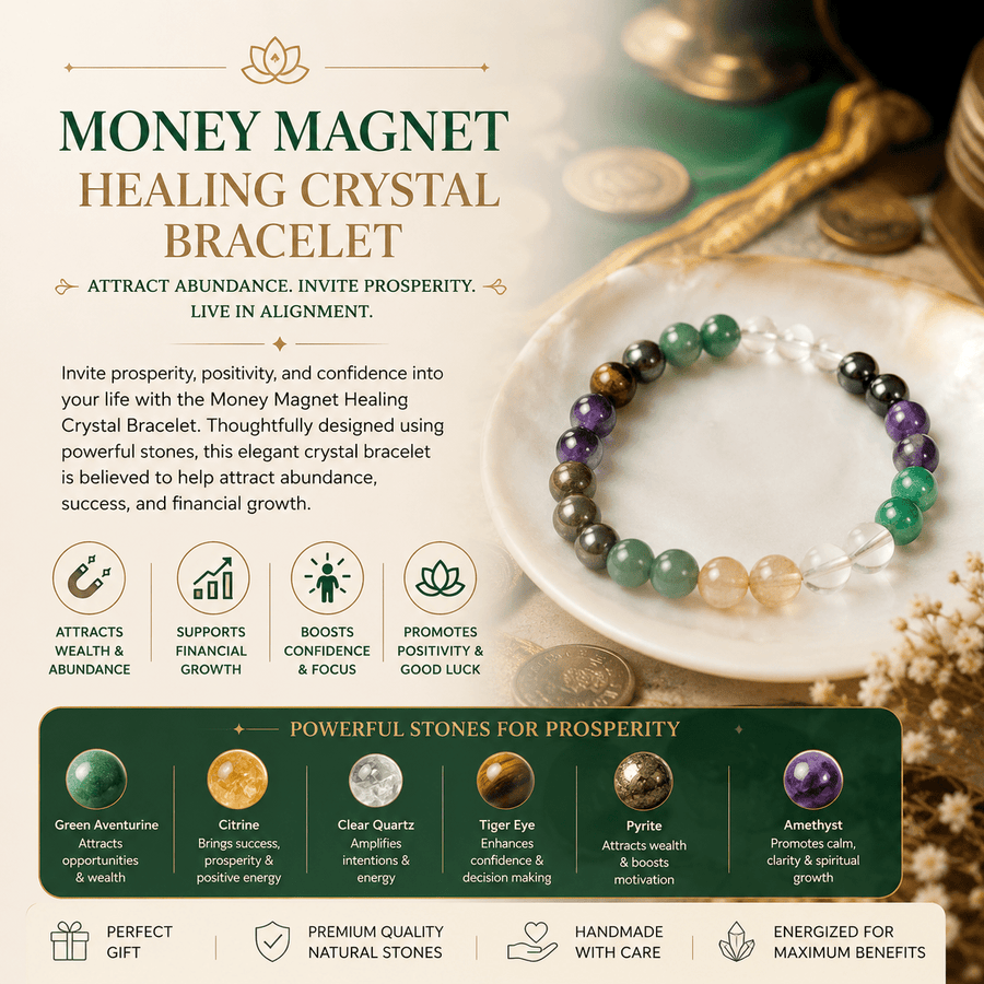 Money Magnet Healing Crystal Bracelet with stones on a white plate, surrounded by coins and crystals.
