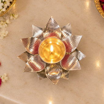 Premium Silver Finish Lotus Diya With Purple Base