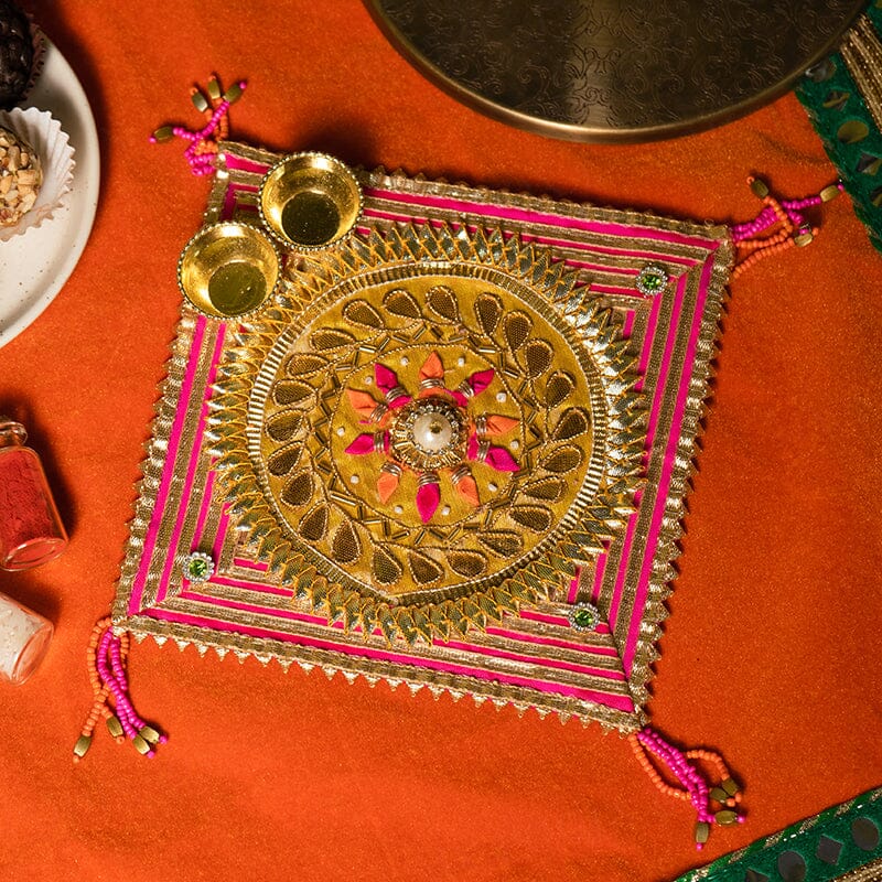 Floral Gota Patti Pink Pooja Thali 6"