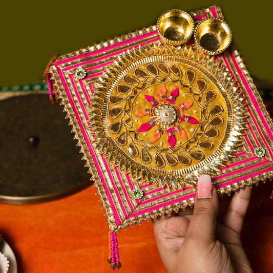 Floral Gota Patti Pink Pooja Thali 6