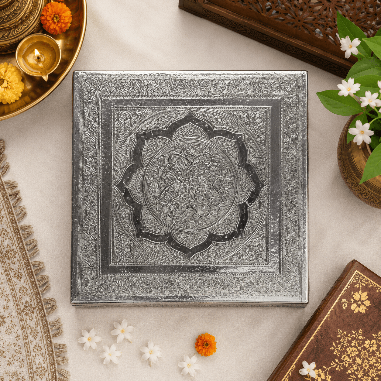 Floral Design Silver Pooja Chowki