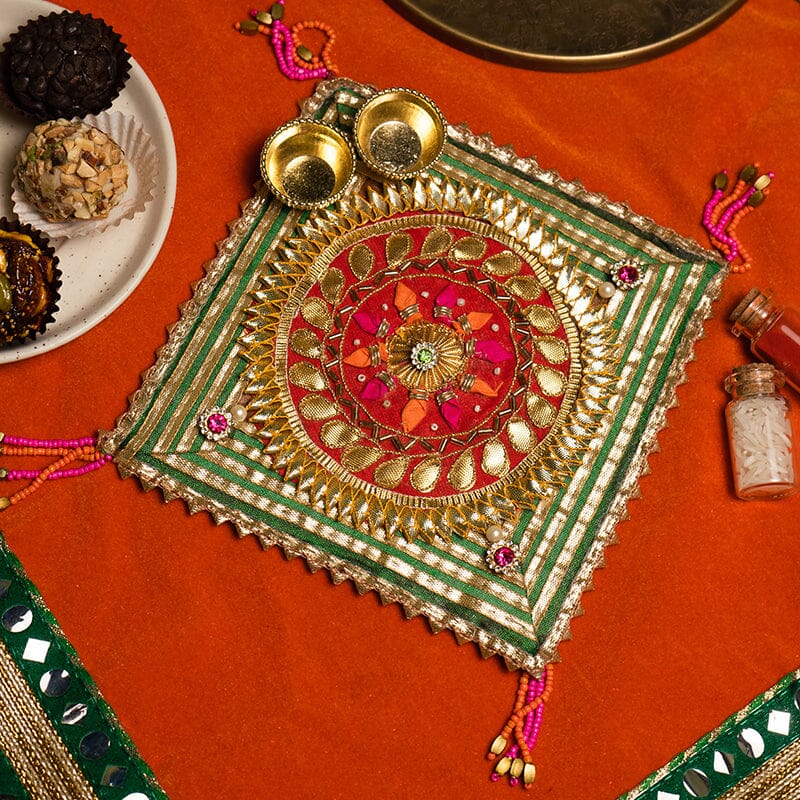 Floral Gota Patti Green Pooja Thali 6"