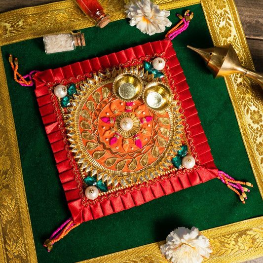 Floral Gota Patti Red Pooja Thali 6