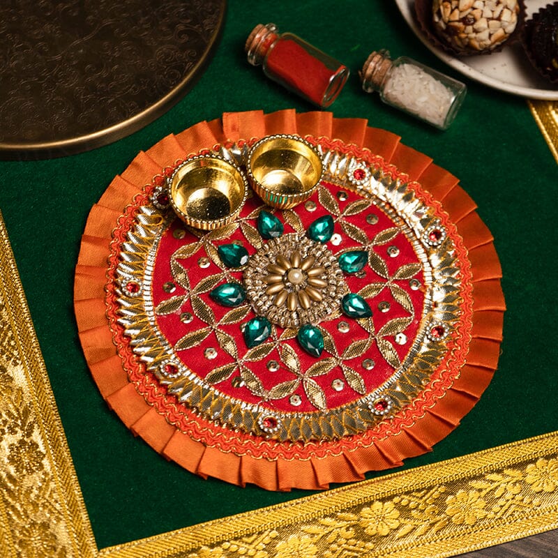 Rajwada Gota Patti Orange Pooja Thali 6"