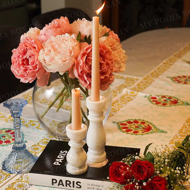 Marble Pillar Candle Holder Set Of 2