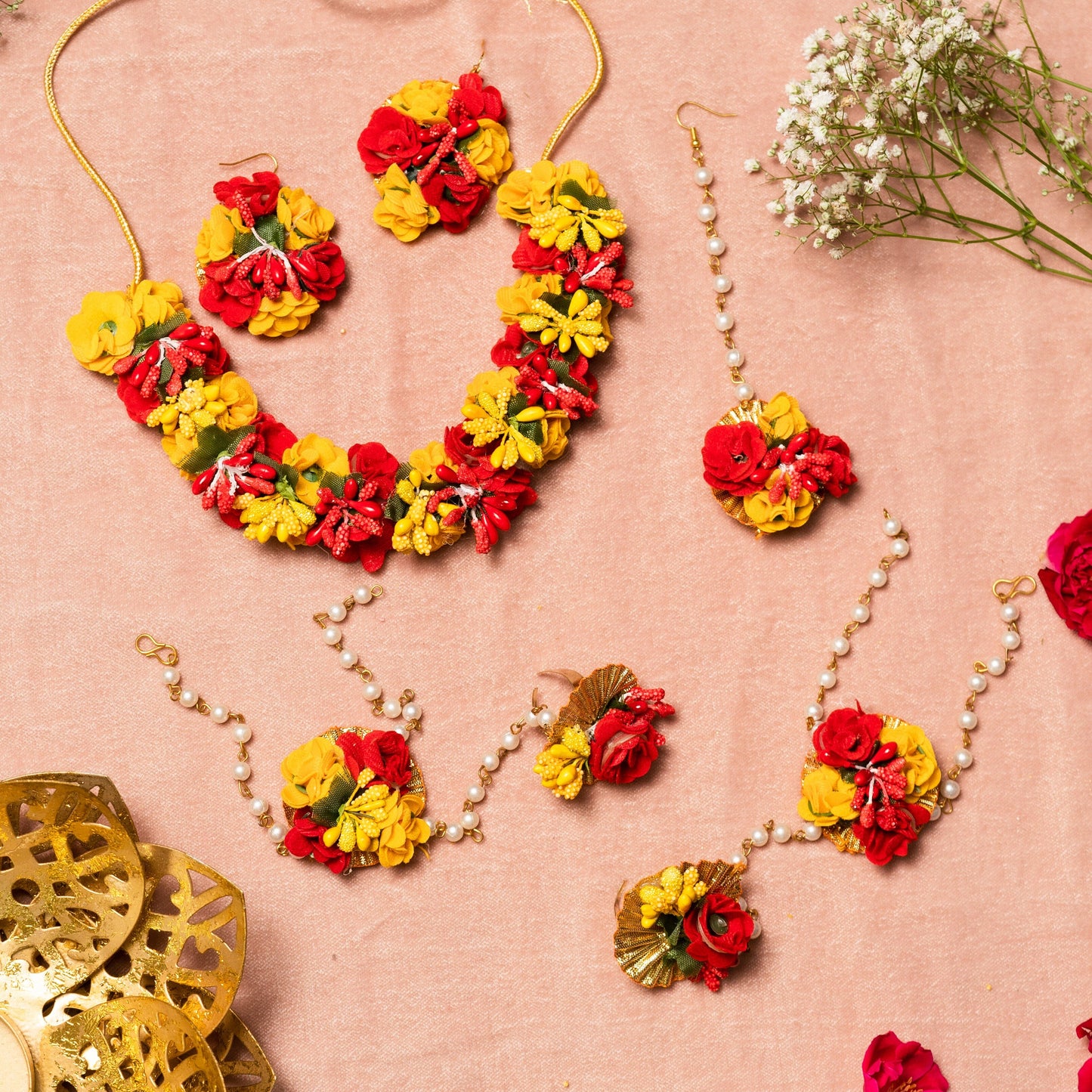 Rosy Pink Charm Floral Jewellery Set