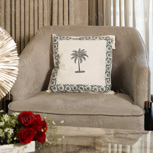 Palm Tree Block Print Cotton Cushion Cover