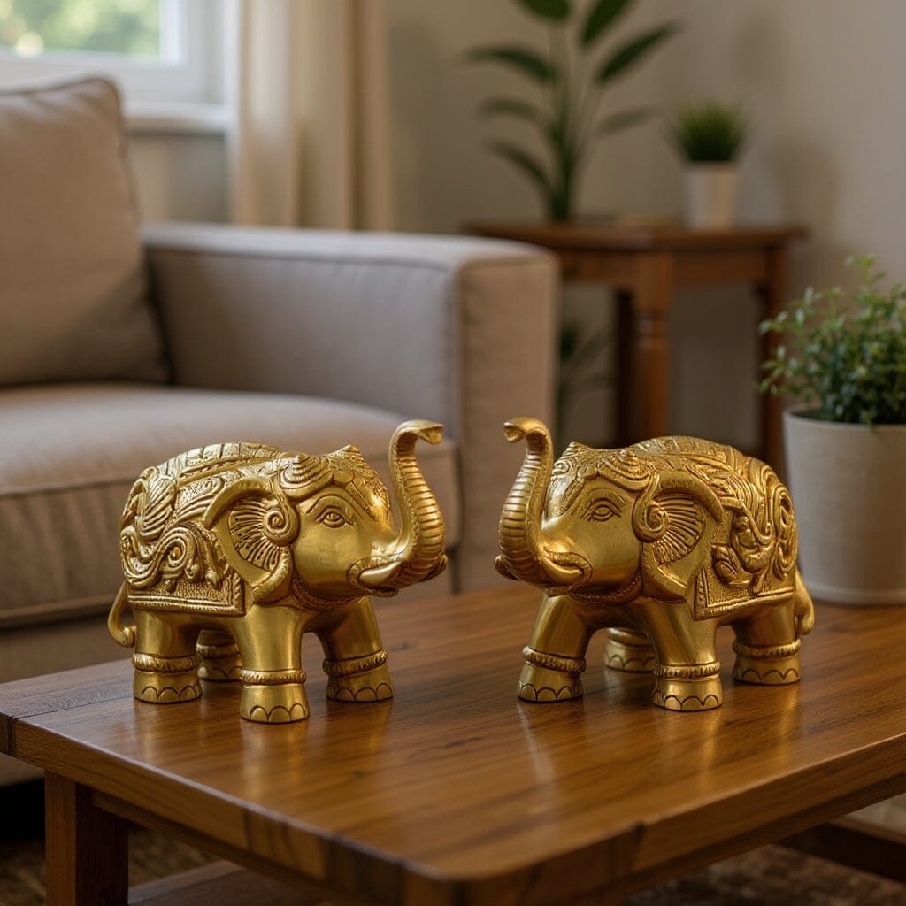 Handmade Ethnic Indian Brass Elephant Pair Decor