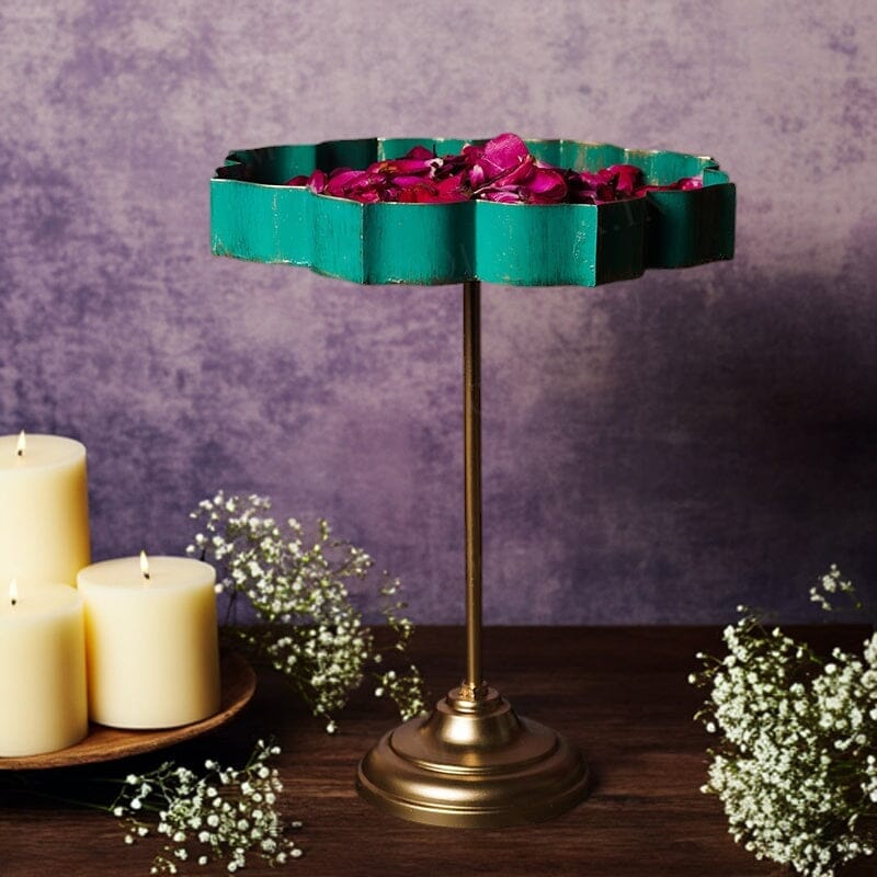 Mint Green And Gold Lotus Urli With Stand