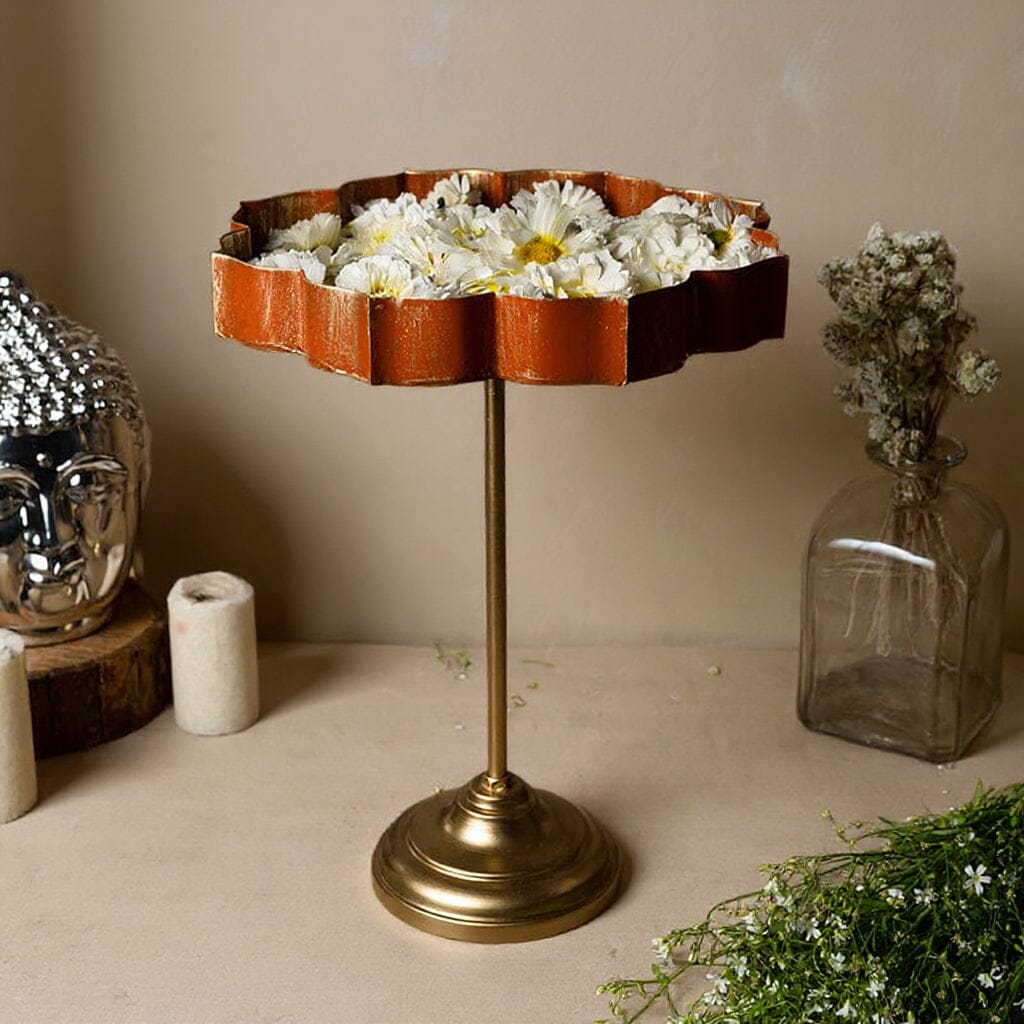 Orange And Gold Lotus Urli With Stand