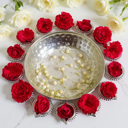 Aesthetic Silver Finish Floral Urli With Diya