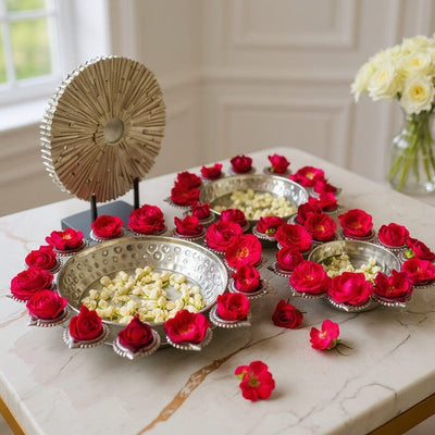 Aesthetic Silver Finish Floral Urli With Diya