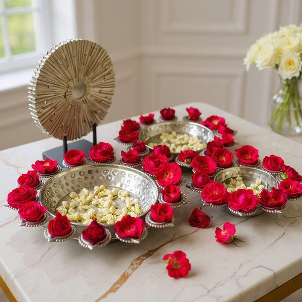 Aesthetic Silver Finish Floral Urli With Diya