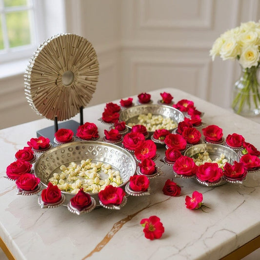 Aesthetic Silver Finish Floral Urli With Diya