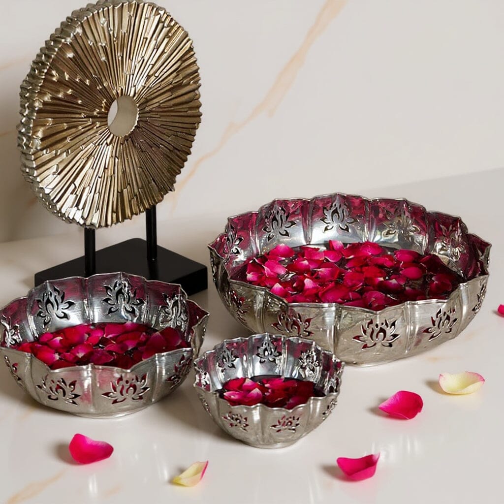 Zahra Silver Finish Lotus Urli