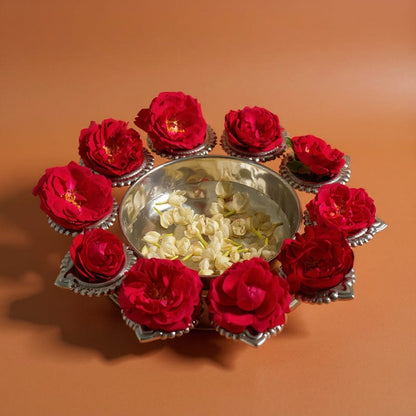 Aesthetic Silver Finish Floral Urli With Diya