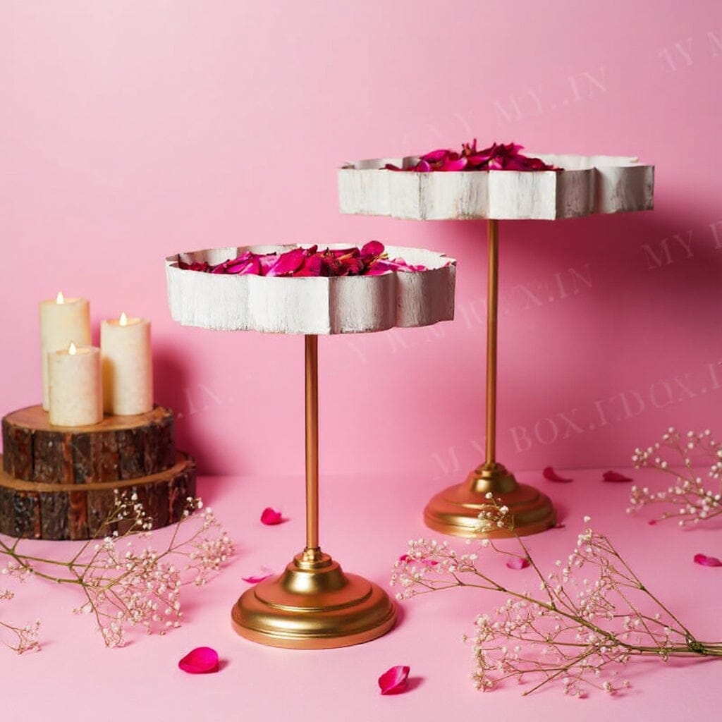 White And Gold Lotus Urli With Stand