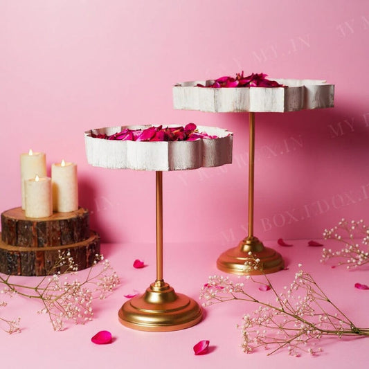 White And Gold Lotus Urli With Stand