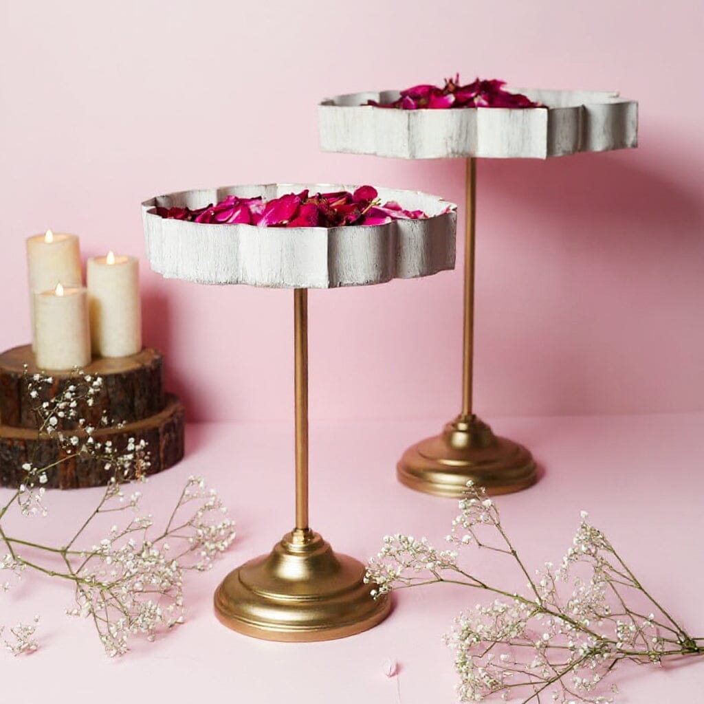 White And Gold Lotus Urli With Stand