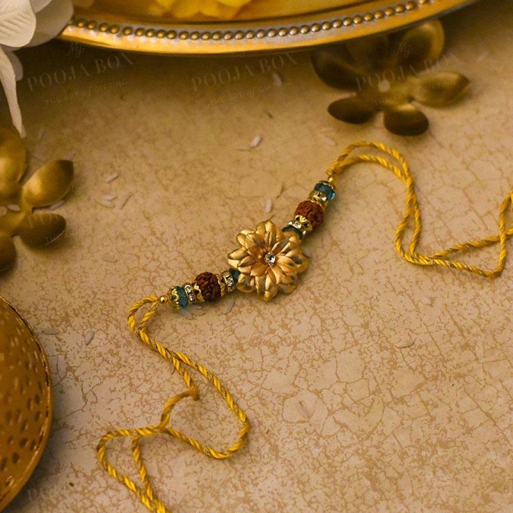 24K Gold Foil Floral Rudraksh Rakhi Rakhi