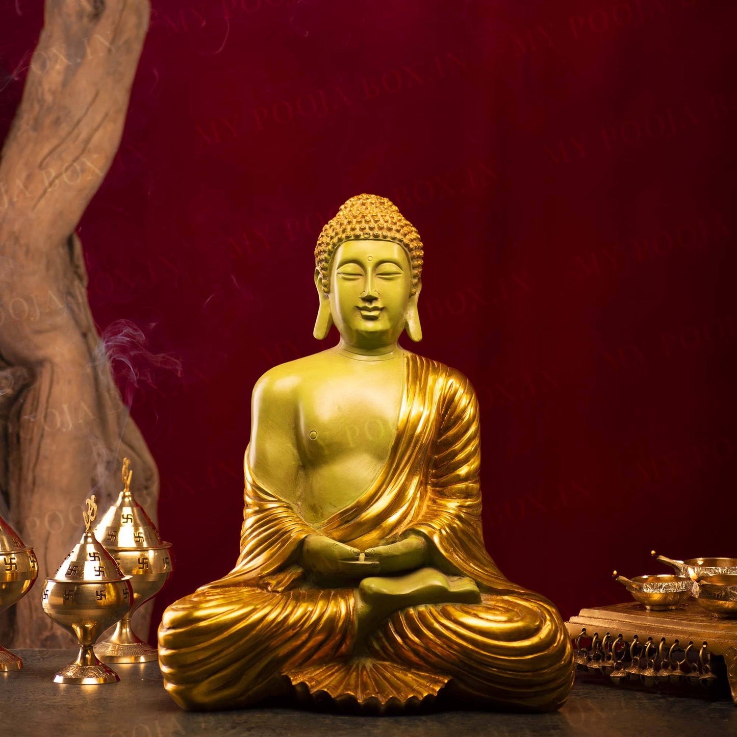 Antique Brass Green And Golden Buddha Idol (9KGS)