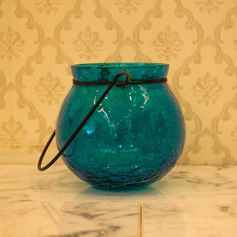 Stunning Blue Crackled Glass Lantern Tealight Holder