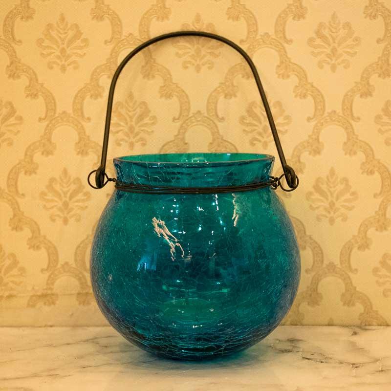 Stunning Blue Crackled Glass Lantern Tealight Holder