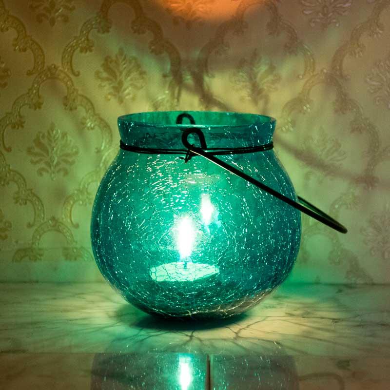 Stunning Blue Crackled Glass Lantern Tealight Holder