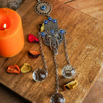Evil Eye with Hamsa Hand Protection Crystal Hanging