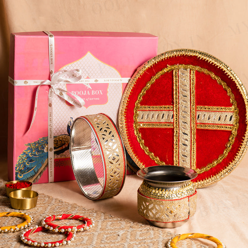 Red Mirrored Karwa Chauth Thali Set